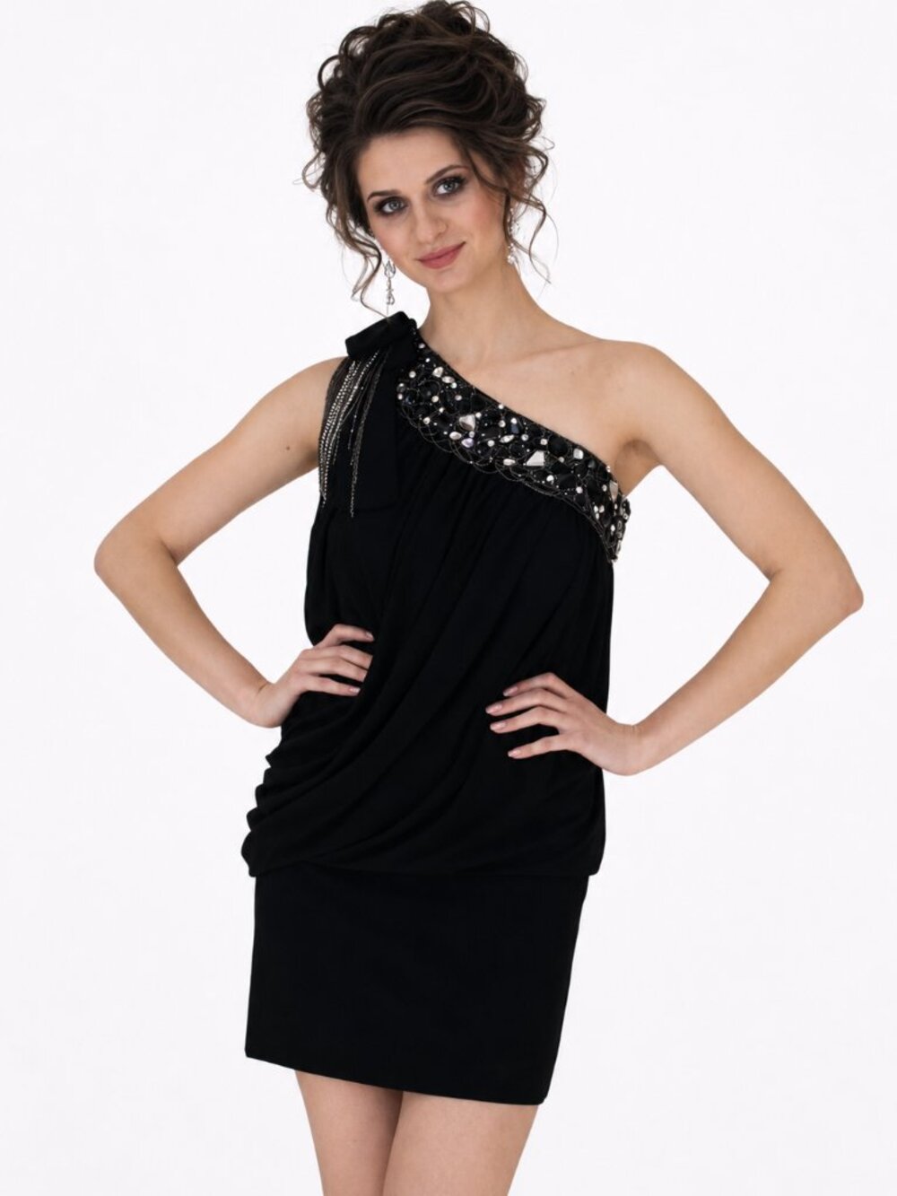 NWT Jovani Black One-Shoulder Stretch Jersey Cocktail Mini Dress, size 4